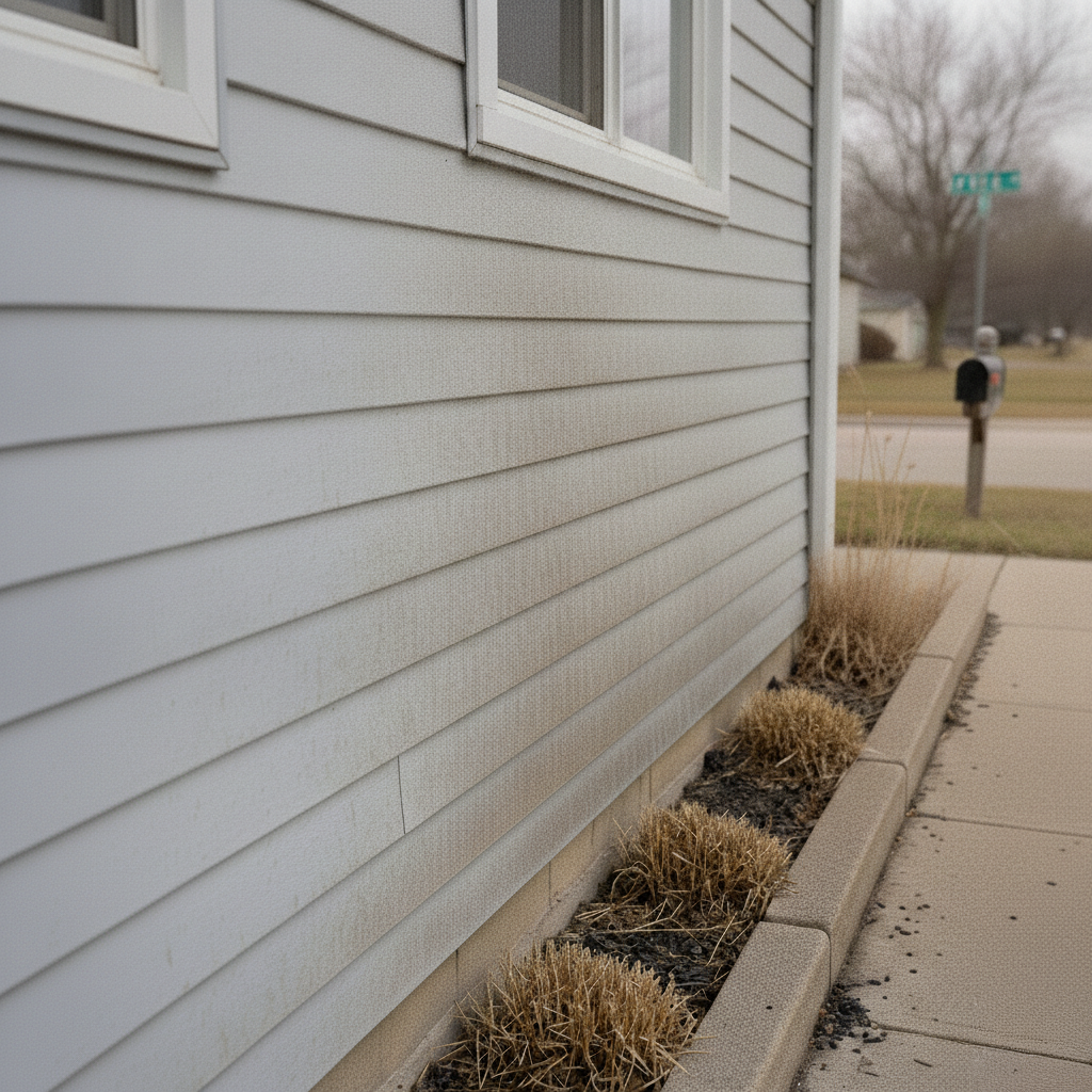 White vinyl siding with dirt and mold buildup along the foundation edge next to a concrete sidewalk