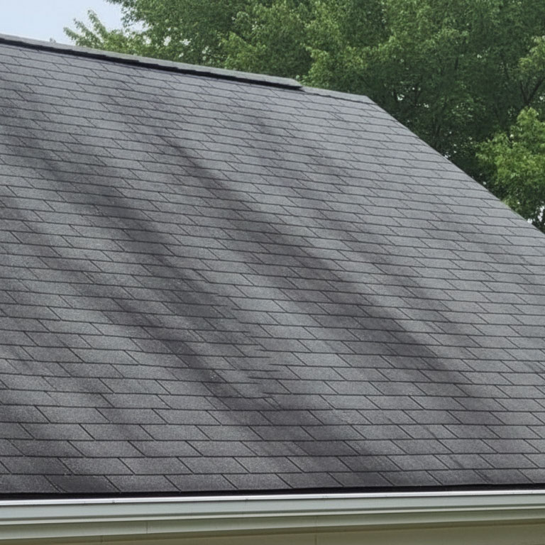 Dark streaks and stains covering asphalt shingles on a residential roof, showing mold, mildew, and algae growth requiring professional roof cleaning and exterior house washing in Fond du Lac, Wisconsin
