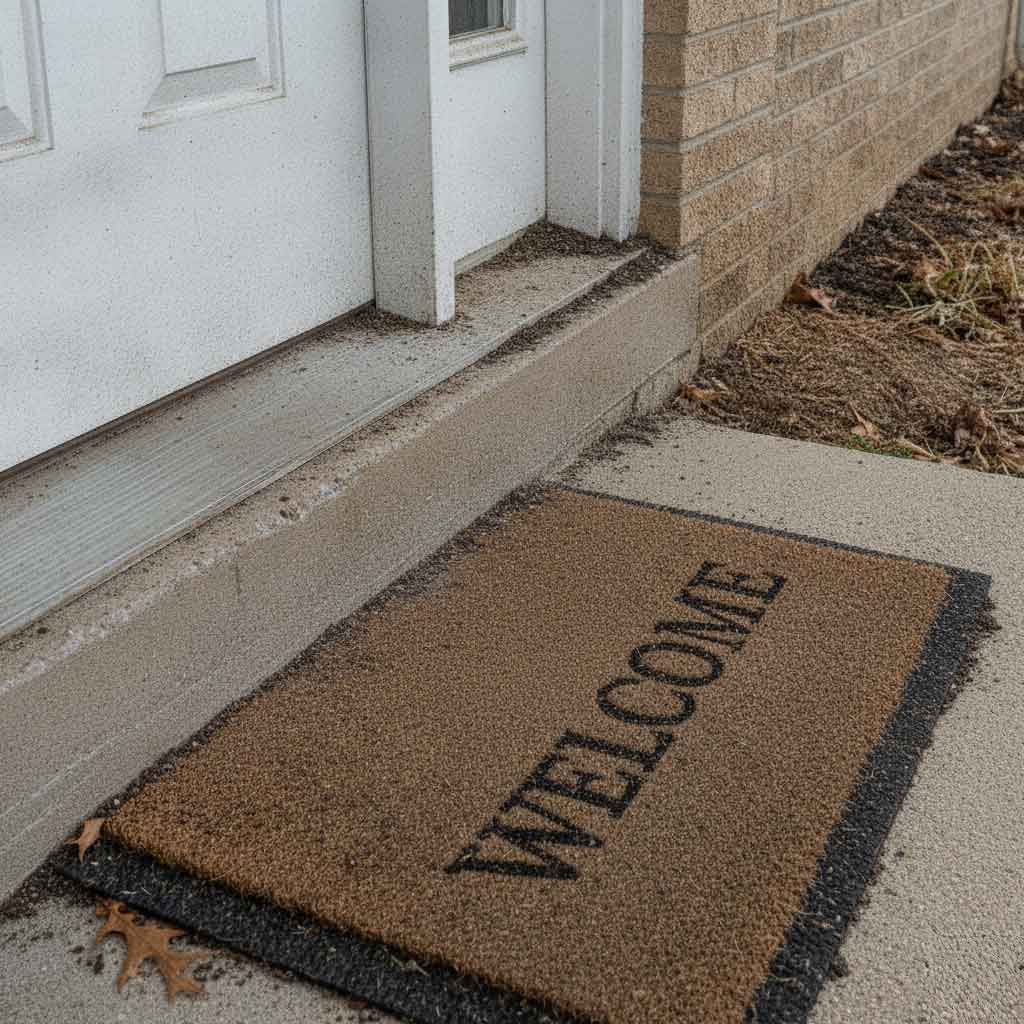 Brown welcome mat on concrete porch with dirt buildup along white house siding and brick foundation in Fond du Lac, Wisconsin