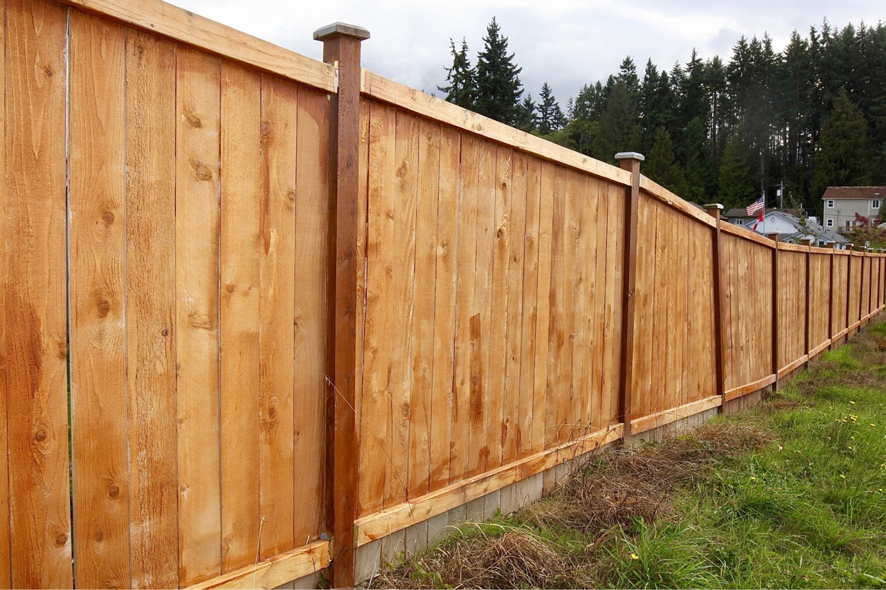 Newly stained wooden fence with vertical boards and post caps lining a residential property with forest and houses visible in background