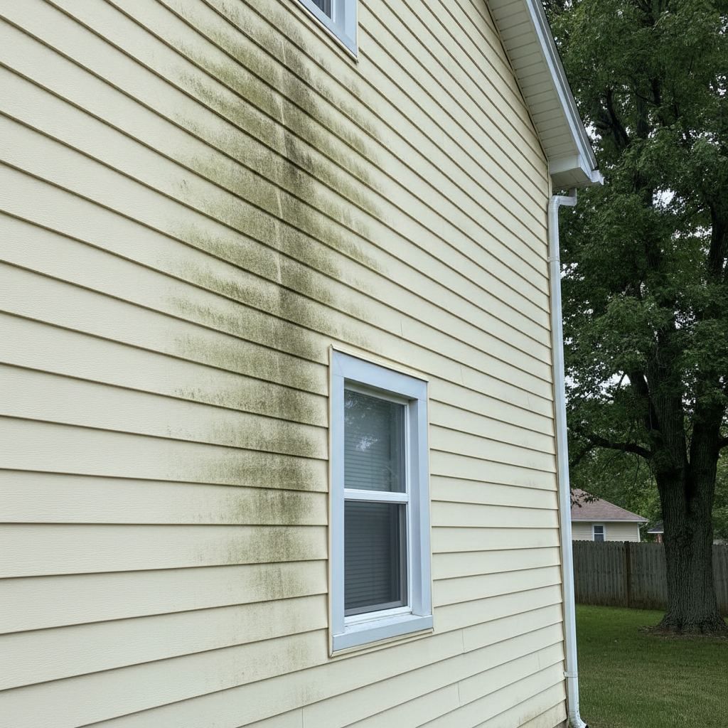 Cream-colored vinyl siding with green mold and mildew streaks running vertically, white-trimmed window, and mature trees in background showing need for house washing and exterior cleaning