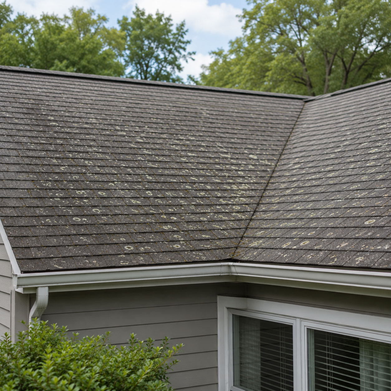 Residential roof with dark shingles showing lichen and algae growth spots, featuring a valley where two roof sections meet, with white gutters and siding visible below