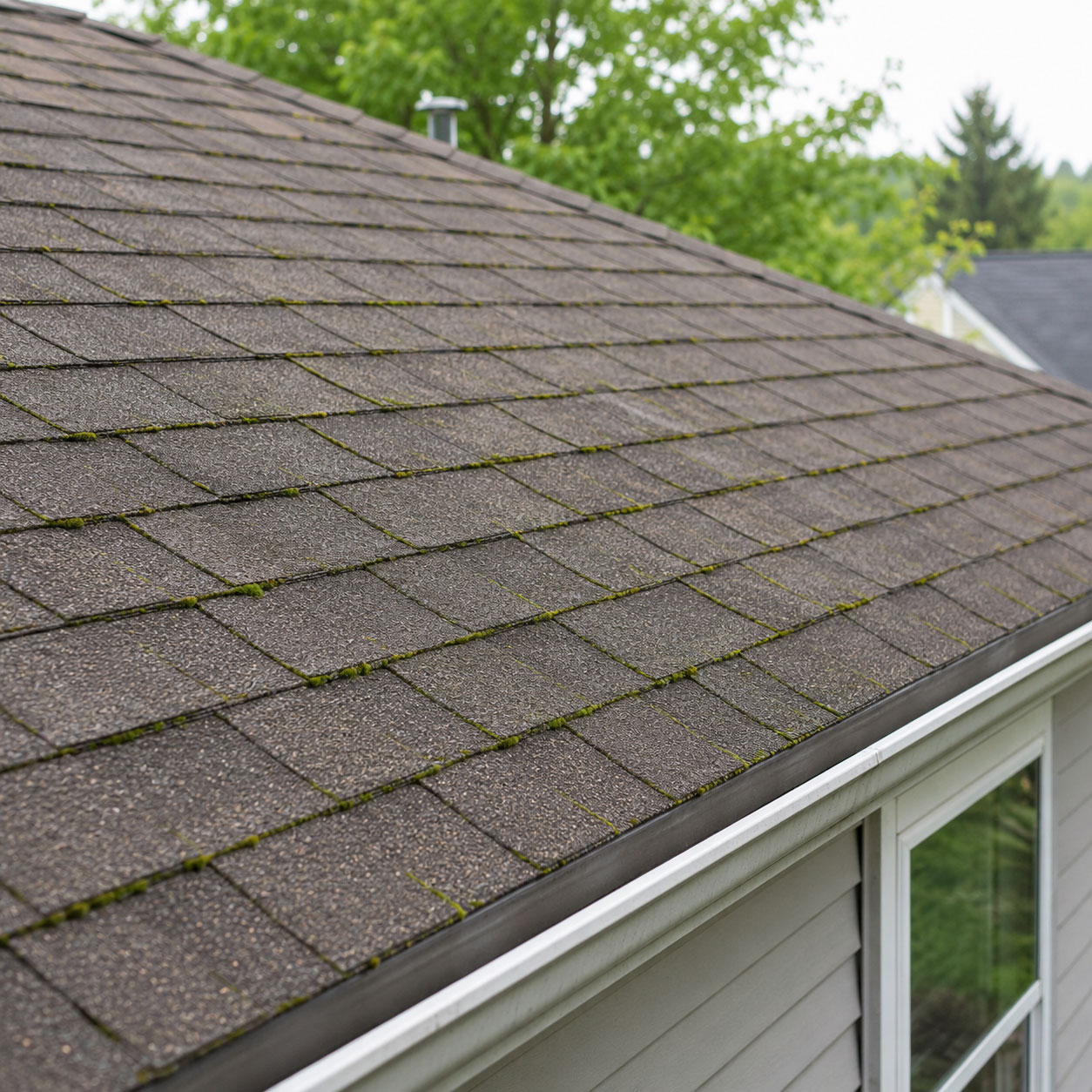 Asphalt roof shingles with green moss and algae growth along the lines, showing need for roof cleaning and maintenance