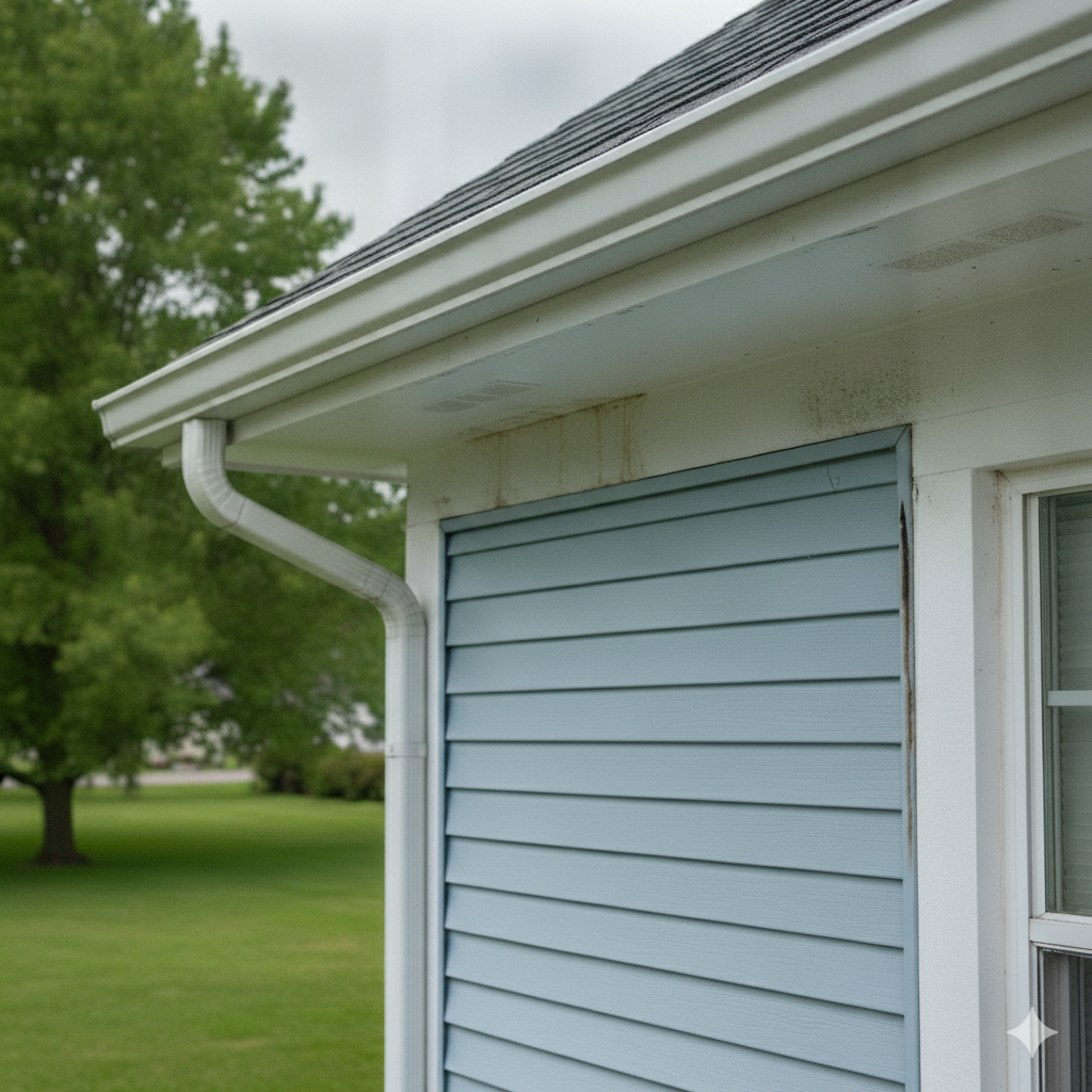 Modern home exterior showing blue garage door with white trim and gutters, demonstrating need for professional house washing and gutter cleaning services in Fond du Lac, Wisconsin