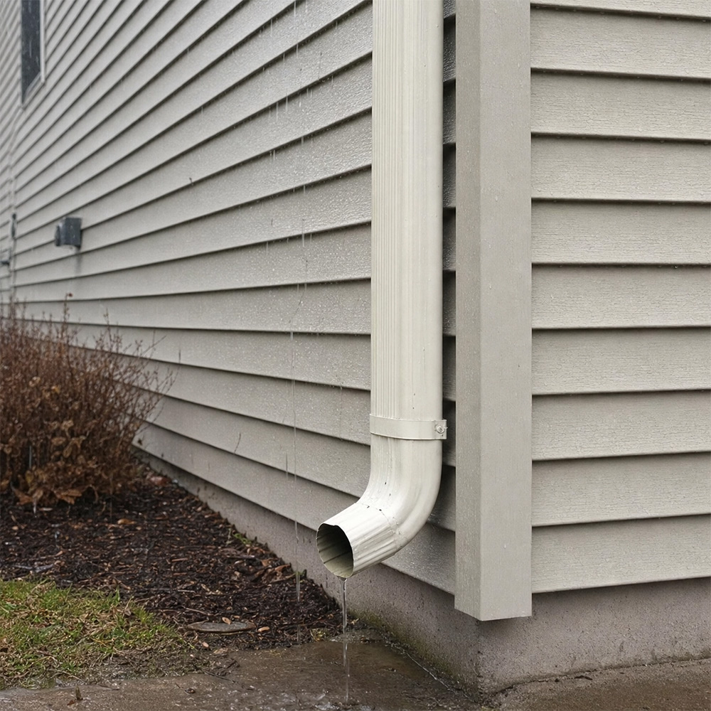 Blocked downspout on house due to clogged gutters.
