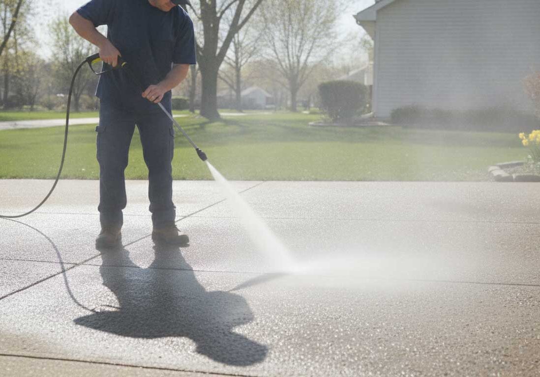 Man pressure washing a residential driveway and sidewalk in Fond du Lac, Wisconsin, using a power washer to clean concrete surfaces