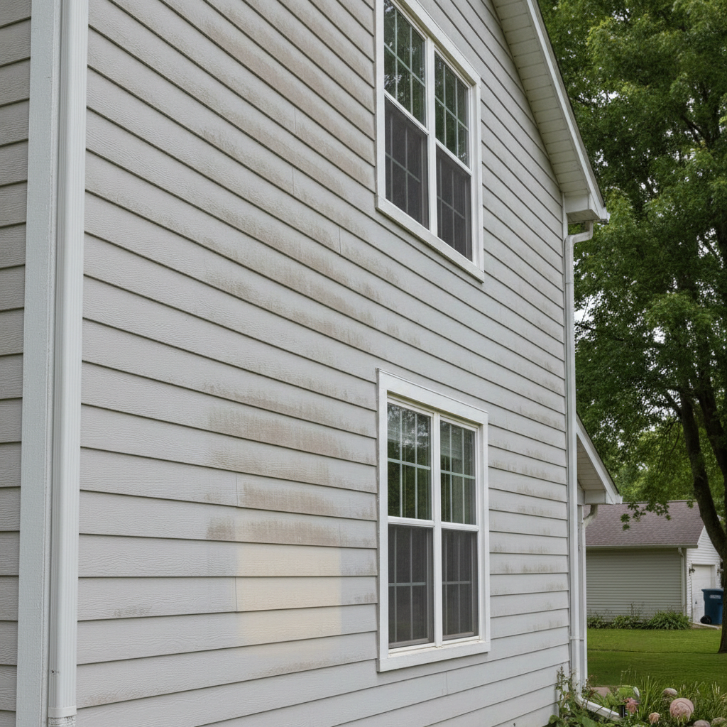 White vinyl siding on residential home with uneven discoloration and dull streaks across exterior wall, featuring two windows with white frames and green trees nearby