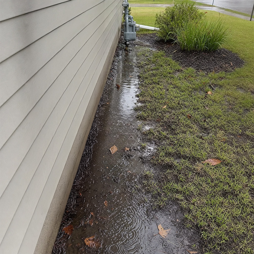 Water pooling along house foundation with wet mulch and grass, showing drainage issues needing exterior cleaning and maintenance in Fond du Lac, Wisconsin