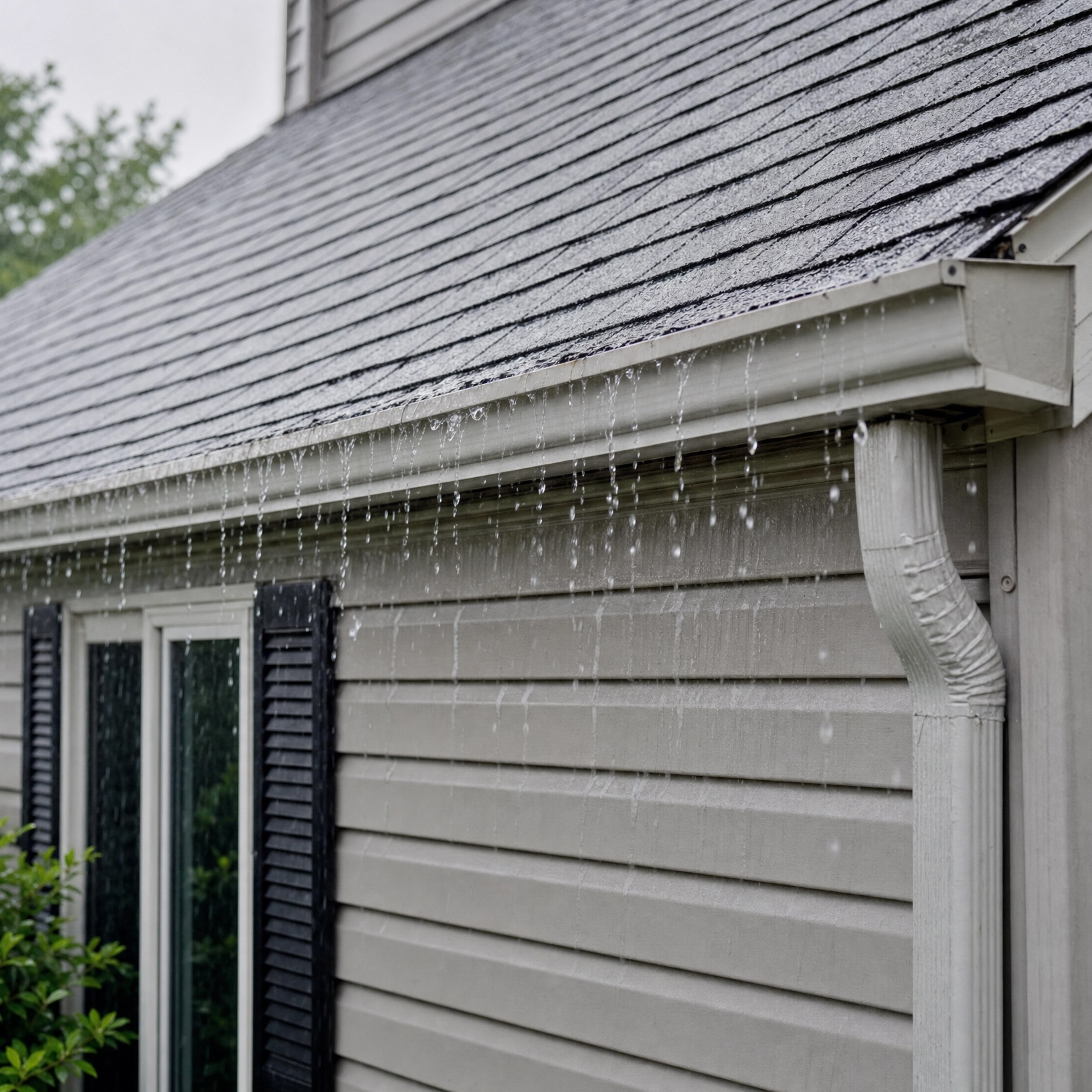 Gutter overflow with water cascading from metal gutter during rainfall on residential house exterior with gray siding and roof shingles