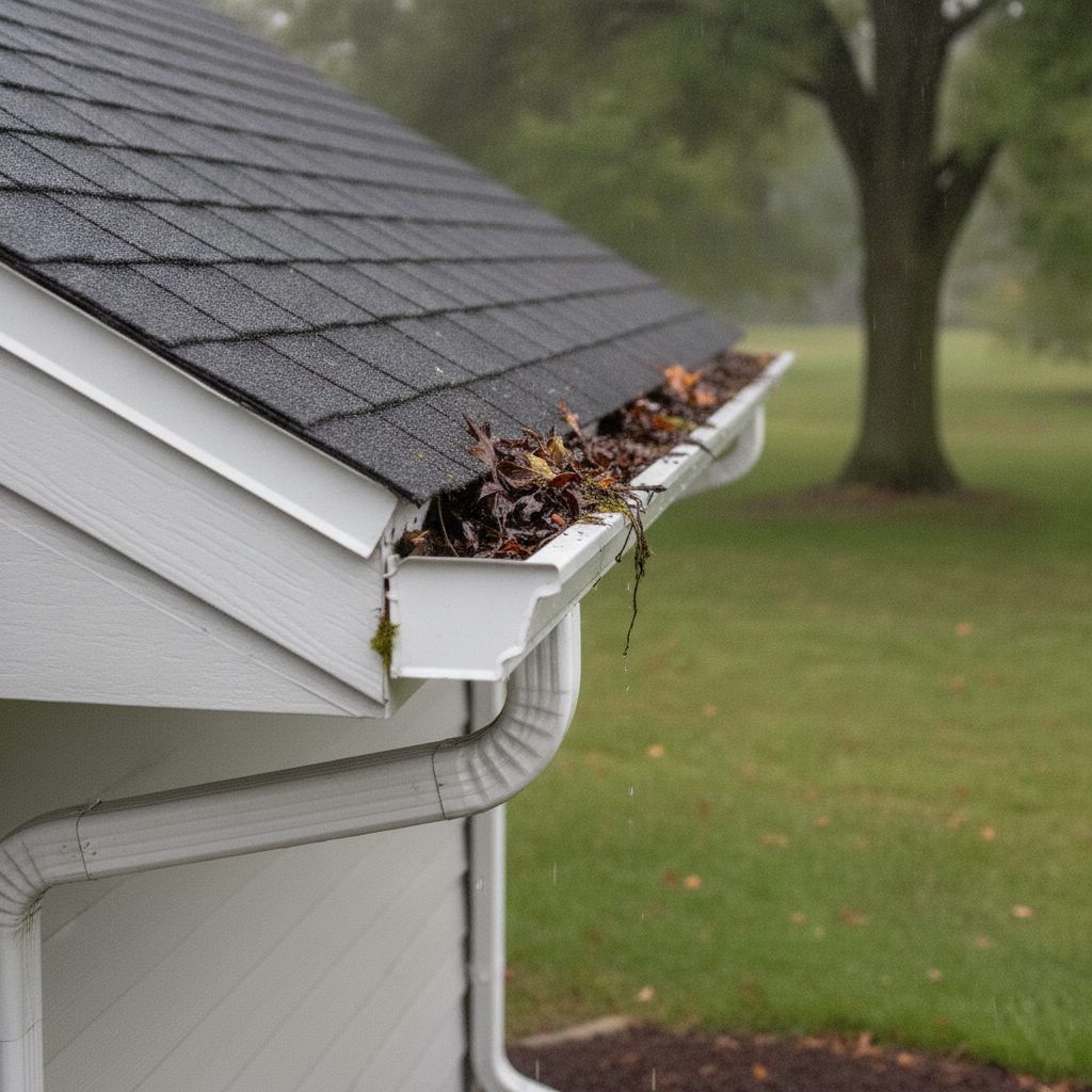 Residential gutter clogged with leaves and debris next to dark asphalt roof shingles and white fascia, with green lawn and large tree in background