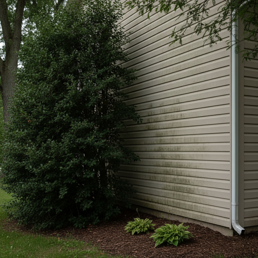 Gray vinyl siding with visible mildew and algae growth, shadowed by dense green trees and shrubs, with mulch and hostas at the base in Fond du Lac, Wisconsin