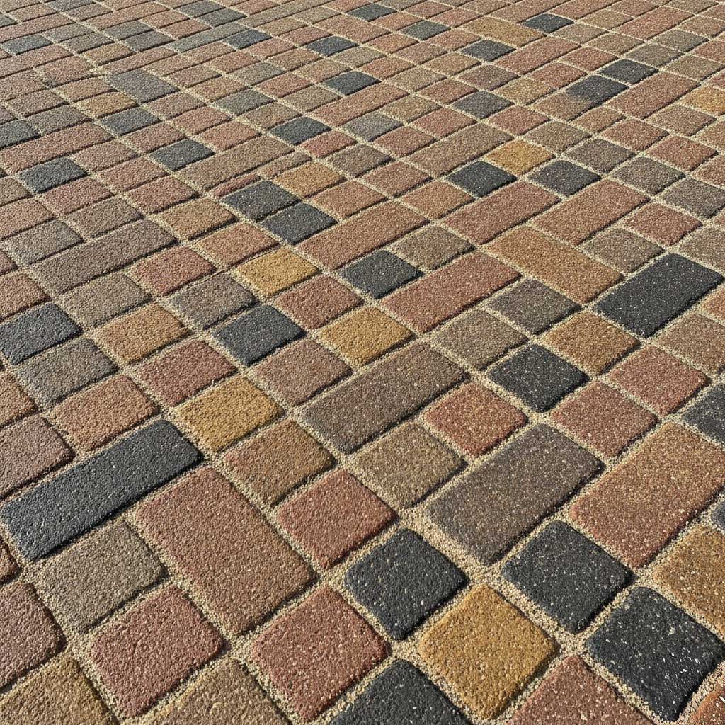 Diagonal pattern of multicolored concrete pavers in shades of brown, tan, gray and rust arranged in a herringbone driveway layout in Fond du Lac, Wisconsin