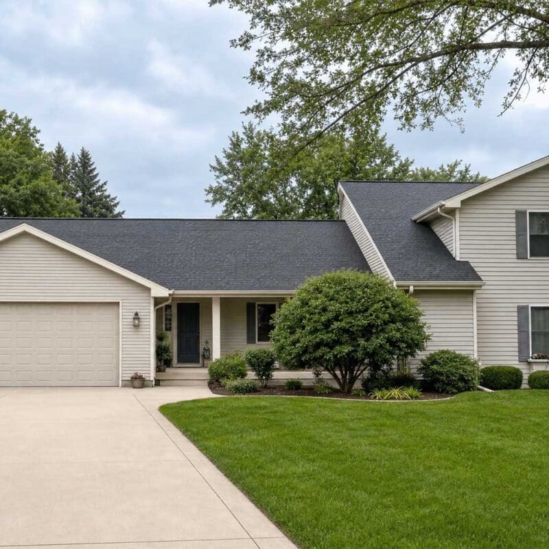 Well-maintained two-story residential house with light colored siding, dark roof, two-car garage, manicured landscaping and concrete driveway in Fond du Lac, Wisconsin