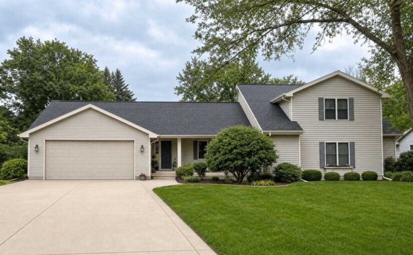 Well-maintained two-story residential house with light colored siding, dark roof, two-car garage, manicured landscaping and concrete driveway in Fond du Lac, Wisconsin