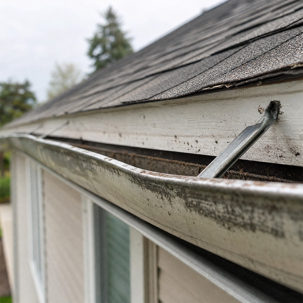 Clogged gutters with debris and mold buildup along roof edge of residential home in Fond du Lac, Wisconsin, requiring professional gutter cleaning and maintenance