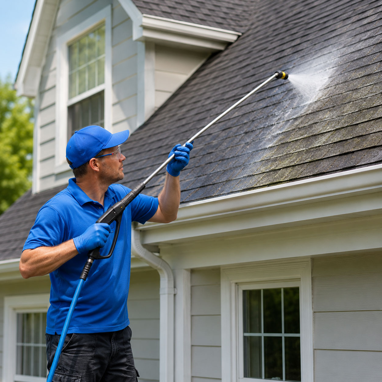 Professional in blue uniform pressure washing dark roof shingles on residential home with white trim and windows