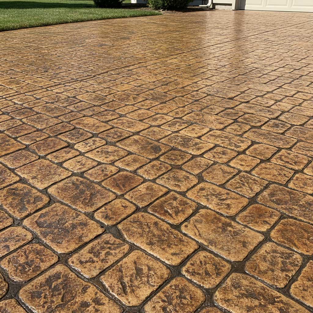 Stamped concrete driveway with brown and tan brick pattern, leading to white garage doors and manicured lawn in Fond du Lac