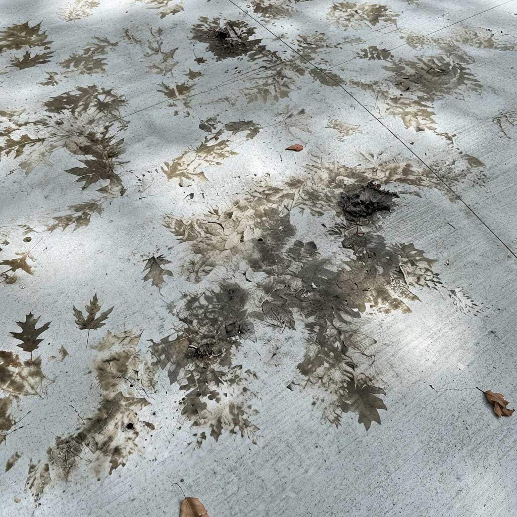 Concrete patio surface covered with fallen leaves and dark stains from leaf debris and moisture