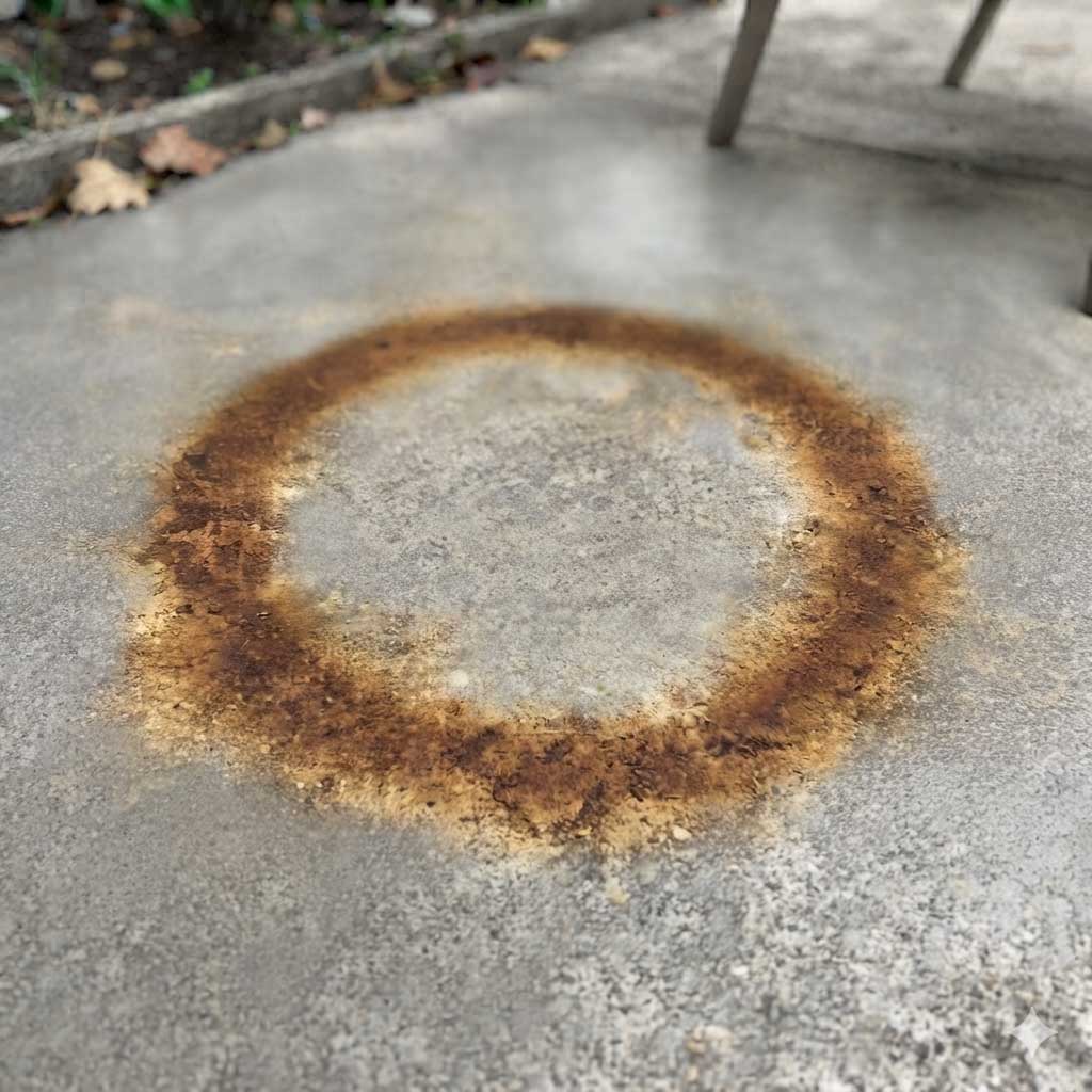 Rust stain ring on concrete patio surface requiring professional rust stain removal and concrete cleaning
