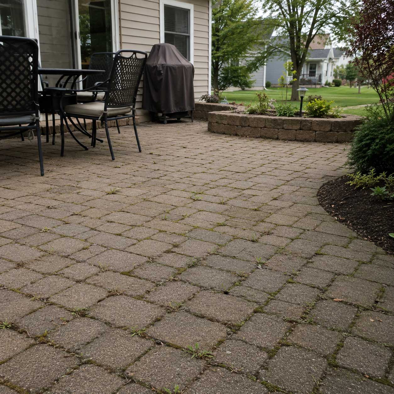 Patio with weeds growing between pavers next to house, showing need for concrete cleaning and weed removal in Fond du Lac