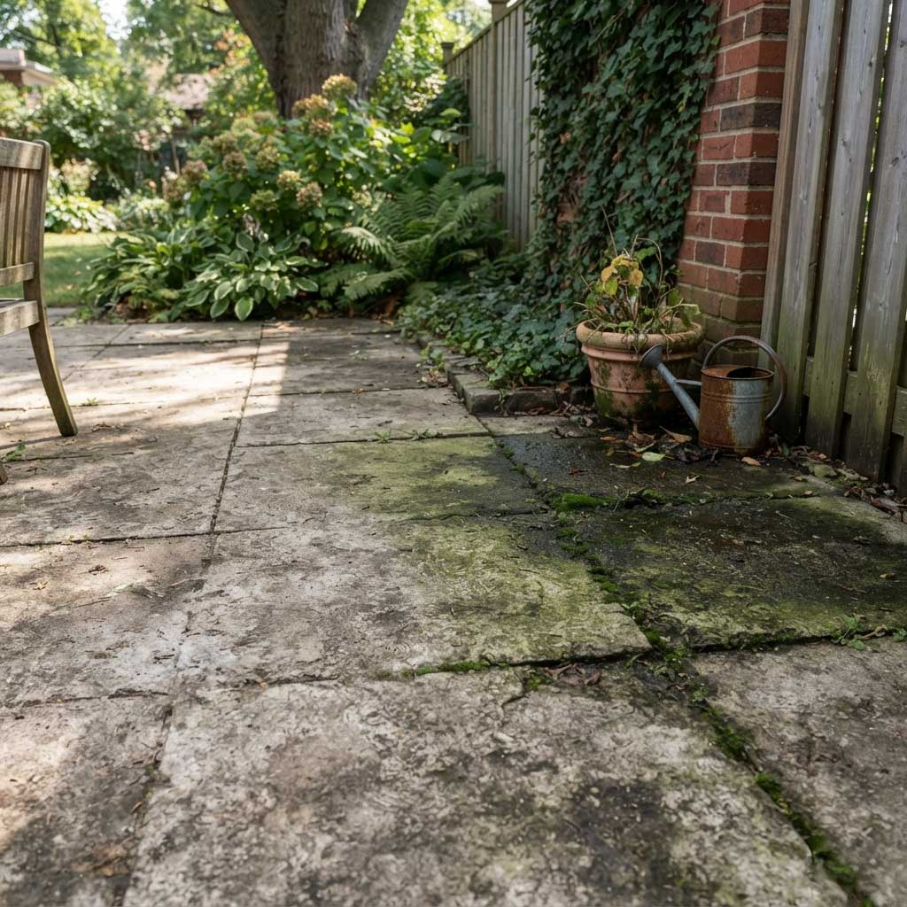 Moss and algae-covered concrete patio beside brick building with potted plants and overgrown ivy in Fond du Lac, Wisconsin, needing professional patio cleaning and algae removal