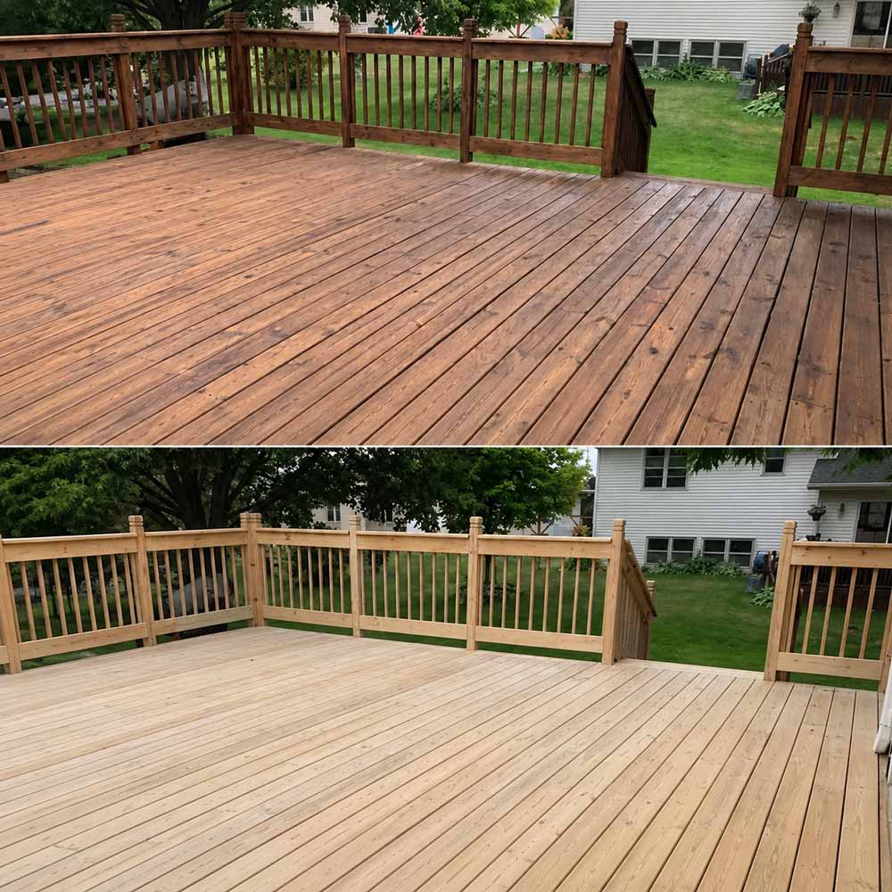 Before and after deck cleaning comparison showing dark, weathered wood deck transformed to light, clean finish with natural wood railings in Fond du Lac