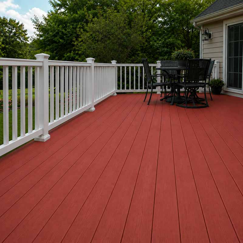 Red painted deck with white vinyl railing and black outdoor furniture, attached to house with green trees in background
