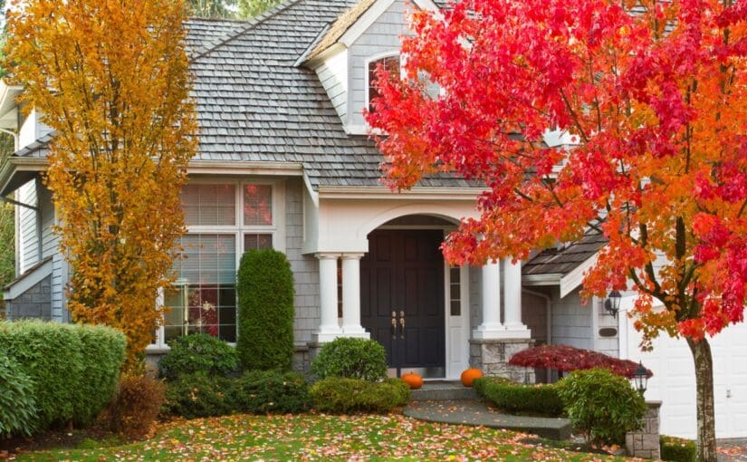 Elegant white house with black front door surrounded by vibrant red and golden autumn trees, green landscaping, and orange pumpkins by the entrance in fall